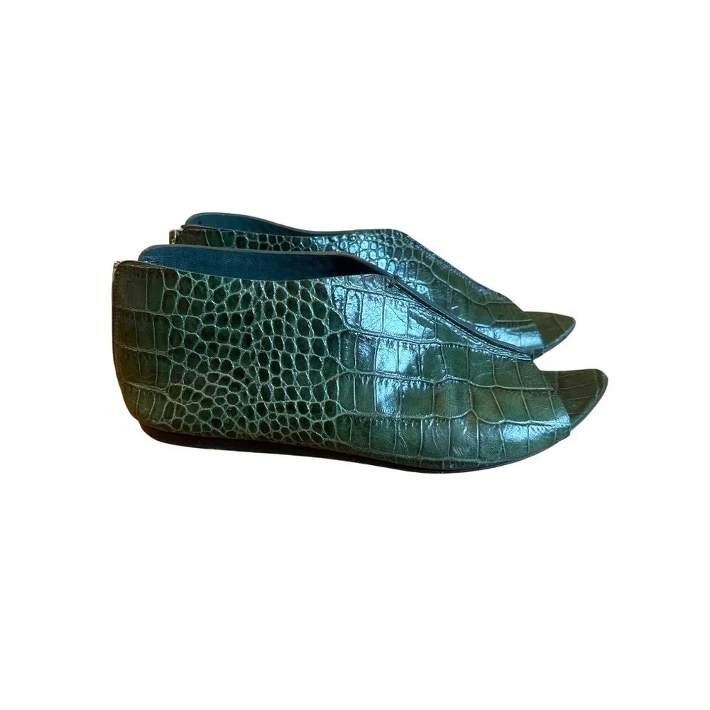 Jenni Kayne‎ Size 7 Leather Embossed Animal Print Flats Zip Forest Green Boho
